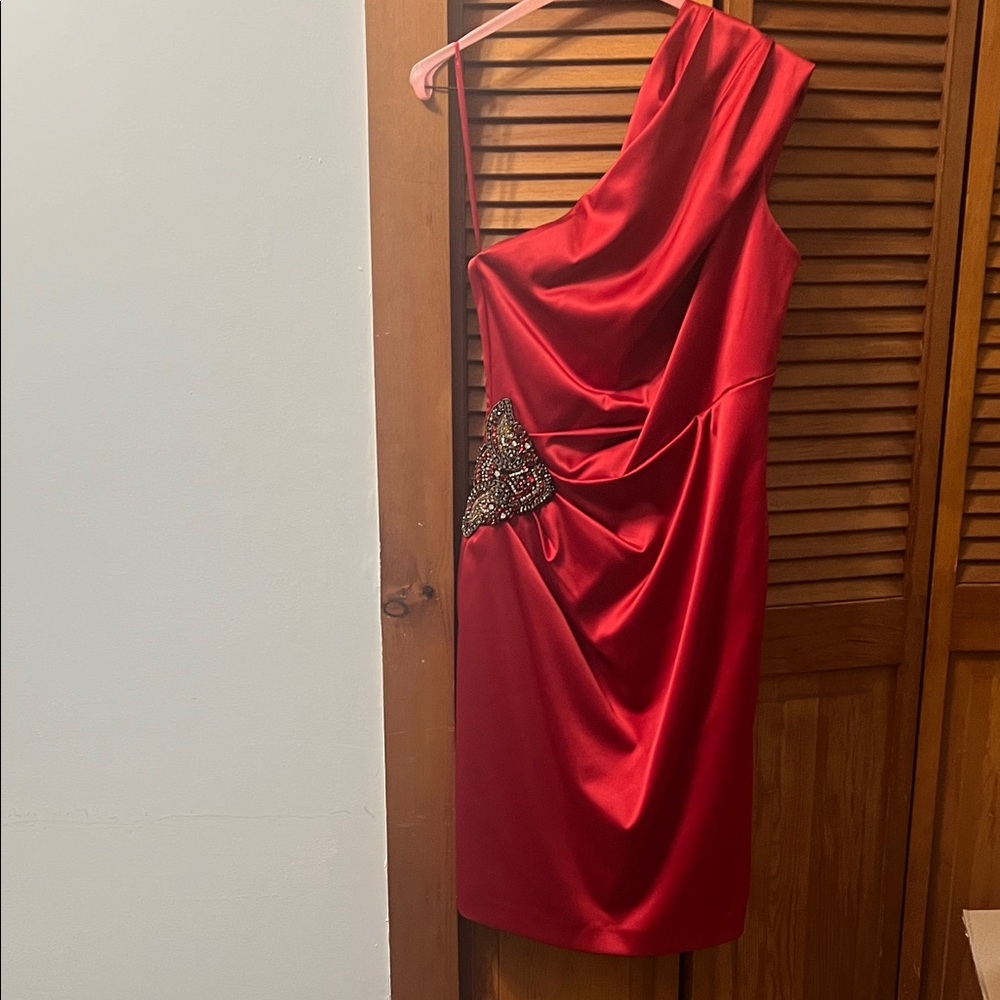 Eliza J One-Shoulder Red Dress with Embellishment